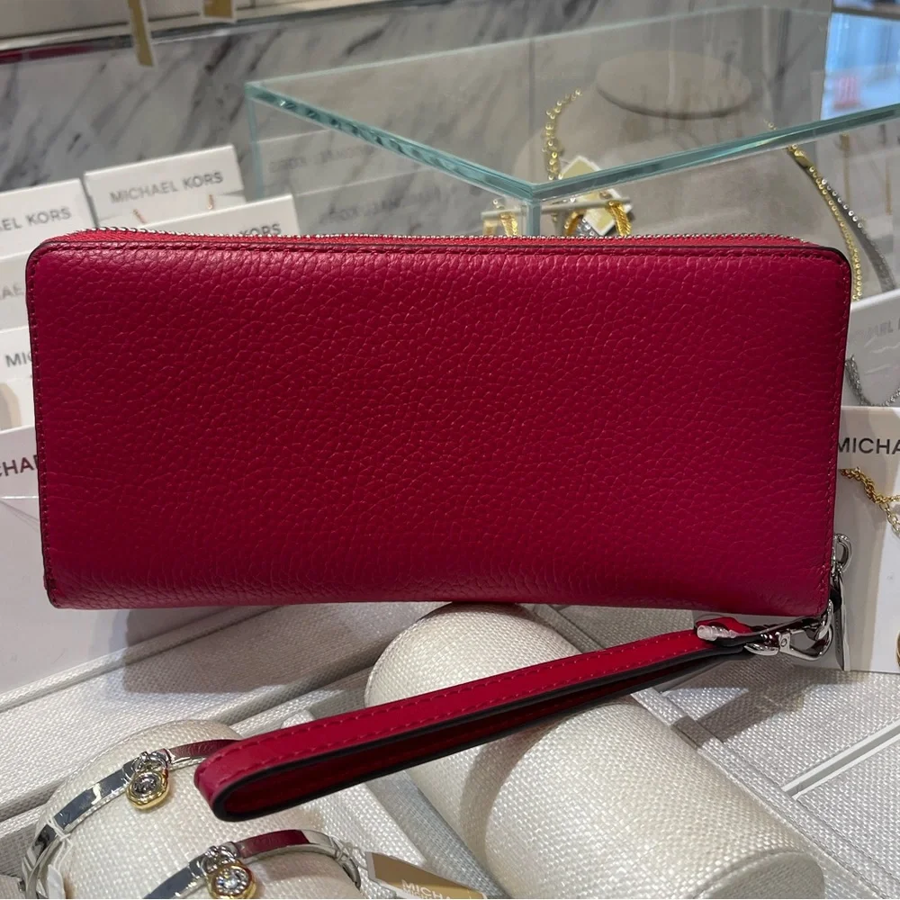 MICHAEL KORS Lg Pebbled Leather Continental Wallet Wristlet Phone Dark Raspberry